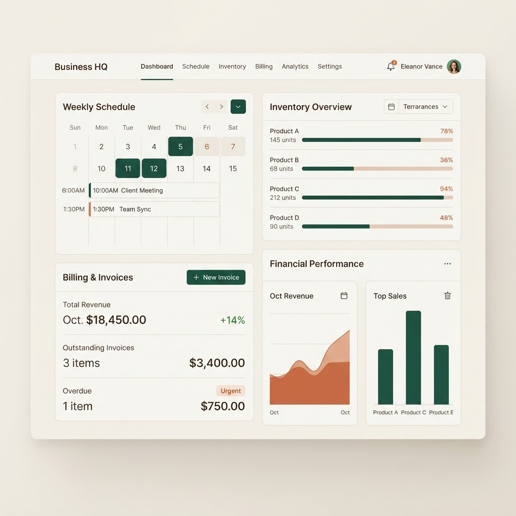 Example custom operations dashboard with scheduling, inventory, billing, and financial reporting
